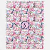 Gemustertes Monogramm Rosa und Blau Paris Fleecedecke (Vorderseite)
