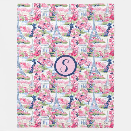 Gemustertes Monogramm Rosa und Blau Paris Fleecedecke (Vorderseite)