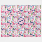 Gemustertes Monogramm Rosa und Blau Paris Fleecedecke (Vorderseite (Horizontal))