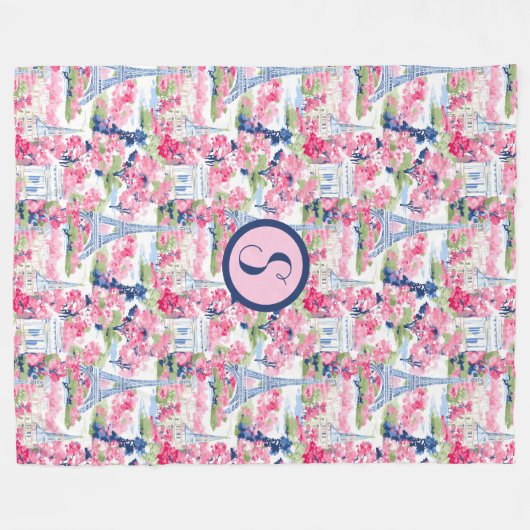 Gemustertes Monogramm Rosa und Blau Paris Fleecedecke (Vorderseite (Horizontal))