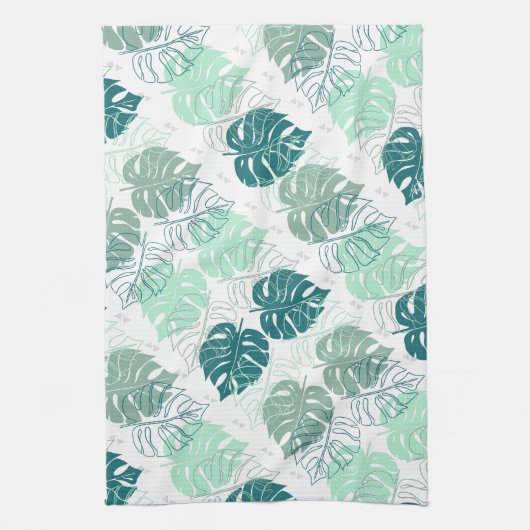 Gemustertes tropisches aquamarines und graues Blat Geschirrtuch (Vertikal)
