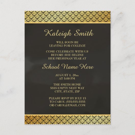 Gemustertes Trunk-Party aus Schwarz und Gold Einladungspostkarte (Vorderseite)