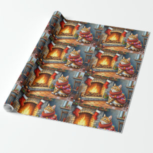 Gemütliche Abessinierkatze am Kamin Weihnachtsbele Geschenkpapier