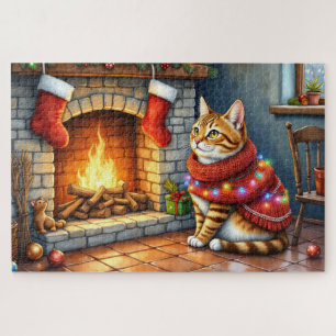 Gemütliche Abessinierkatze am Kamin Weihnachtsbele Puzzle