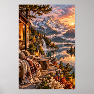 Gemütliche Alpenhütte Seelandschaft Berg Wandkunst Poster