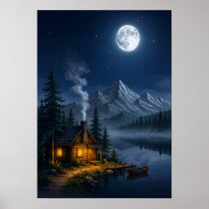 Gemütliche Berghütte Nachtsee Szene Kunstprint Poster
