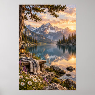 Gemütliche Bergsee-Reflexions-Sonnenuntergangs-Wan Poster