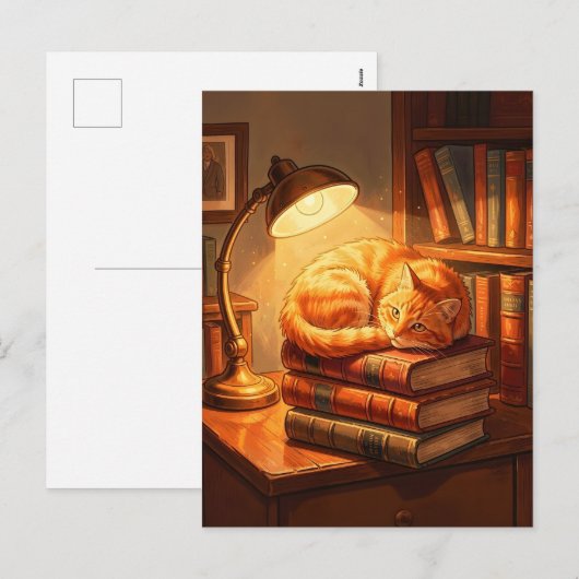 Gemütliche Bibliothekskatze Postkarte - Geschenk f (Vorne/Hinten)