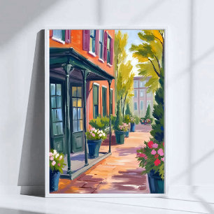 Gemütliche Blumenladenstraße blühende Stadt Aquare Poster