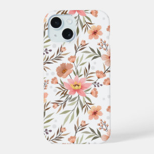 Gemütliche botanische Pfirsich-Blumen-Polka-Punkte iPhone 15 Hülle