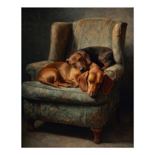 Gemütliche Braune Dachshunde Vintage-Sessel-Kunst Poster