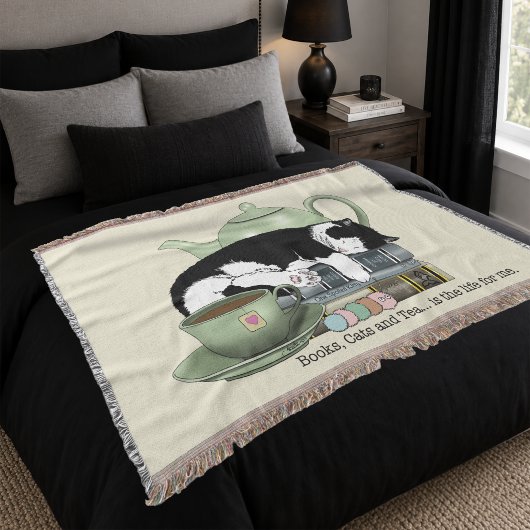 Gemütliche Bücher Katze Smoking Teetasse Süße Grün Decke