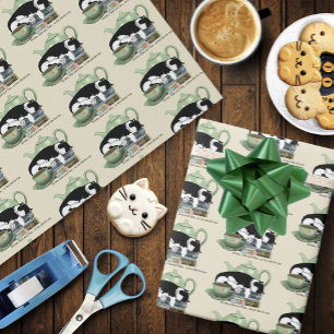 Gemütliche Bücher Katze Smoking Teetasse Süße Grün Geschenkpapier