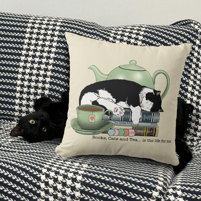 Gemütliche Bücher Katze Smoking Teetasse Süße Grün Kissen (Von Creator hochgeladen)