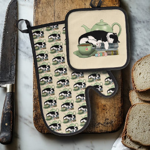 Gemütliche Bücher Katze Smoking Teetasse Süße Grün Ofenhandschuh & Topflappen-Set