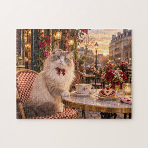 Gemütliche Café-Katzenszene im Freien bei Sonnenun Puzzle