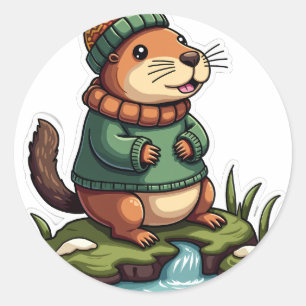 Gemütliche Capybara-Winter-Strickwaren-Waldstrom-K Runder Aufkleber