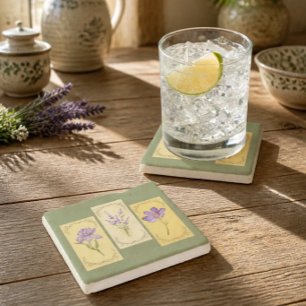 Gemütliche Cottagecore-Sage-Grün- und gelbe Blumen Steinuntersetzer