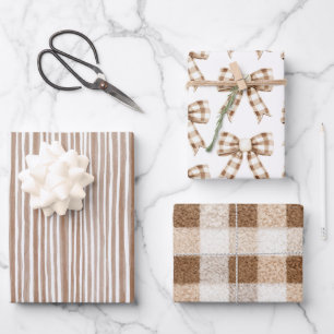Gemütliche Creme-Kakao-Braun-Streifen-Schleifen-We Geschenkpapier Set