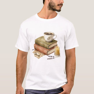 Gemütliche Dark-Academia-Bücher mit Kaffeekerze un T-Shirt