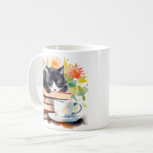Gemütliche, entspannte Katze in Wasserfarbe Kaffeetasse (Vorderseite Links)