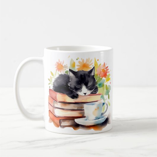 Gemütliche, entspannte Katze in Wasserfarbe Kaffeetasse (Links)