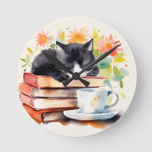 Gemütliche, entspannte Katze in Wasserfarbe Runde Wanduhr (Vorderseite)
