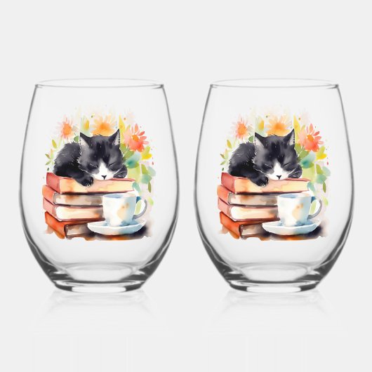 Gemütliche, entspannte Katze in Wasserfarbe Weinglas Ohne Stiel (Vorderseite)