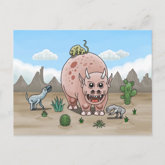 Gemütliche Fantasiedinosaurier in der Wüste Postkarte (Vorderseite)