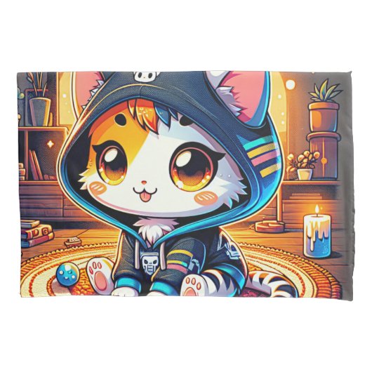 Gemütliche Gamer-Katze in einem Hoodie Kissenbezug (Vorderseite)