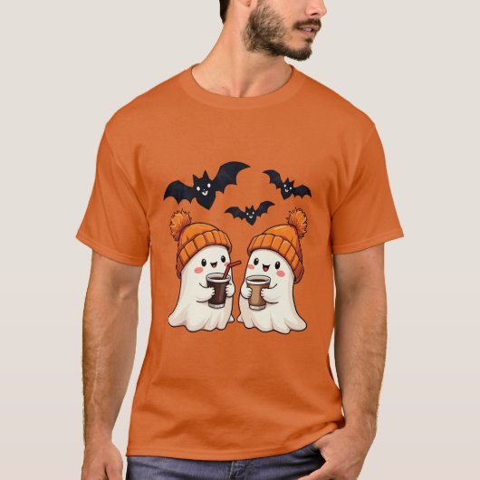 Gemütliche Geister trinken Kaffee Halloween T-Shirt (Vorderseite)