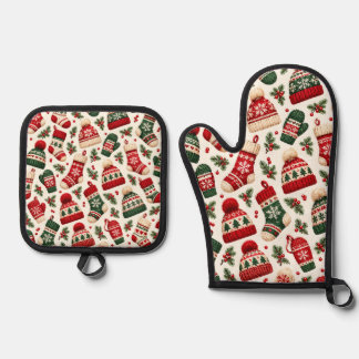 Gemütliche gestrickte Weihnachtsmützen und -strümp Ofenhandschuh & Topflappen-Set