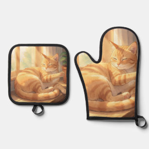Gemütliche getigerte Katze beim Sonnenbaden  Ofenhandschuh & Topflappen-Set