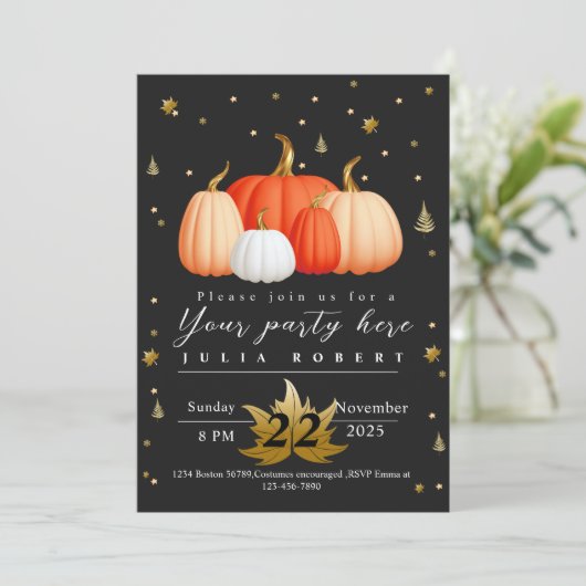 gemütliche goldene Glitzer Herbstkürbis Einladung (Stehend Vorderseite)