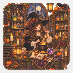 Gemütliche Halloween-Apotheke-Hexe Quadratischer Aufkleber