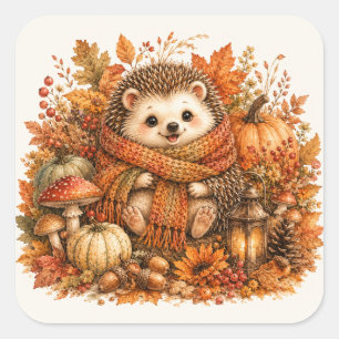 Gemütliche Herbst-Igel-Wasserfarben-Kunst Quadratischer Aufkleber