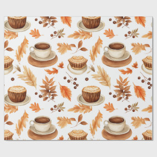 Gemütliche Herbst-Kaffeetassen und Blätter in warm Geschenkpapier