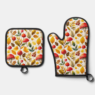 Gemütliche Herbst-Pilz-Aquarell-Ofenhandschuh und  Ofenhandschuh & Topflappen-Set