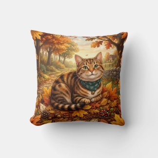 Gemütliche Herbst-Tabby-Katze & fallende Blätter Kissen