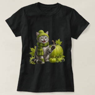 Gemütliche Herbst-Tabby-Katze grüne Kürbis-Kunst T-Shirt