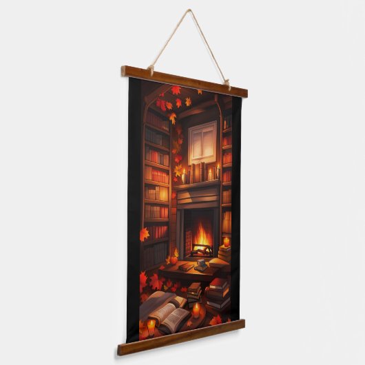 Gemütliche Herbstbibliothek Wandteppich Mit Holzrahmen (Gewinkelt)