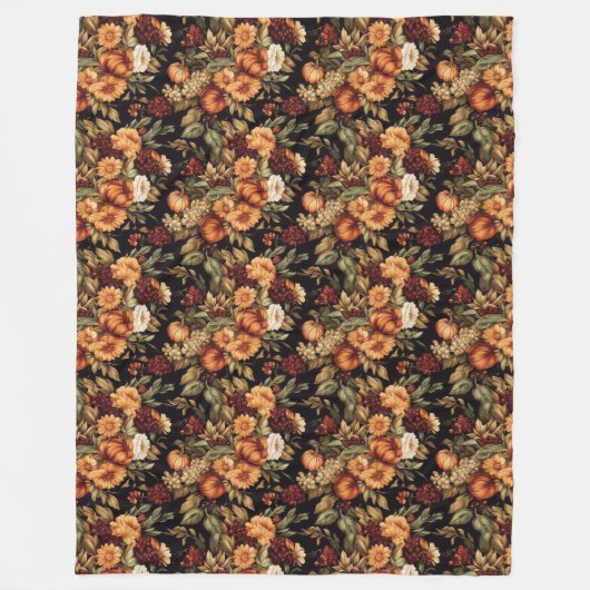 Gemütliche Herbstblüten & Kürbisgeweile Fleecedecke (Vorderseite)