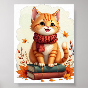 Gemütliche Herbstkatze Buchliebhaber Orange Tabby Poster