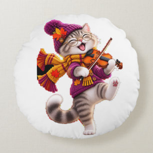 Gemütliche Herbstkatze Violine Rundes Kissen