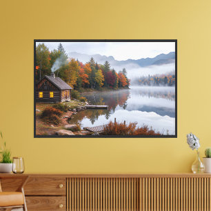 Gemütliche Herbstlandschaft am See mit Blockhütte Leinwanddruck