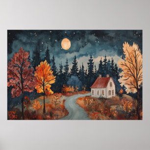 Gemütliche Herbstnacht Cottage Aquarell Herbst Kun Poster