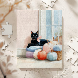 Gemütliche Herbstpastel Pumpkins Black Cat Puzzle