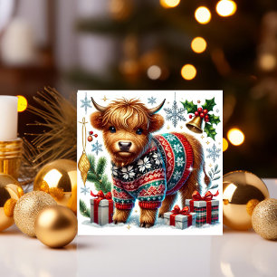 Gemütliche Highland-Kuh im Weihnachtspullover Feiertagskarte