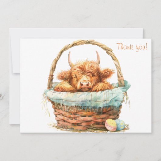 Gemütliche Hochlandkuh in einem Korb Dankeskarte (Vorderseite)