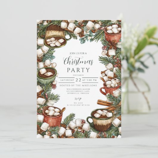 Gemütliche Hot Cocoa Tasse Frohe Weihnachten Einladung (Stehend Vorderseite)